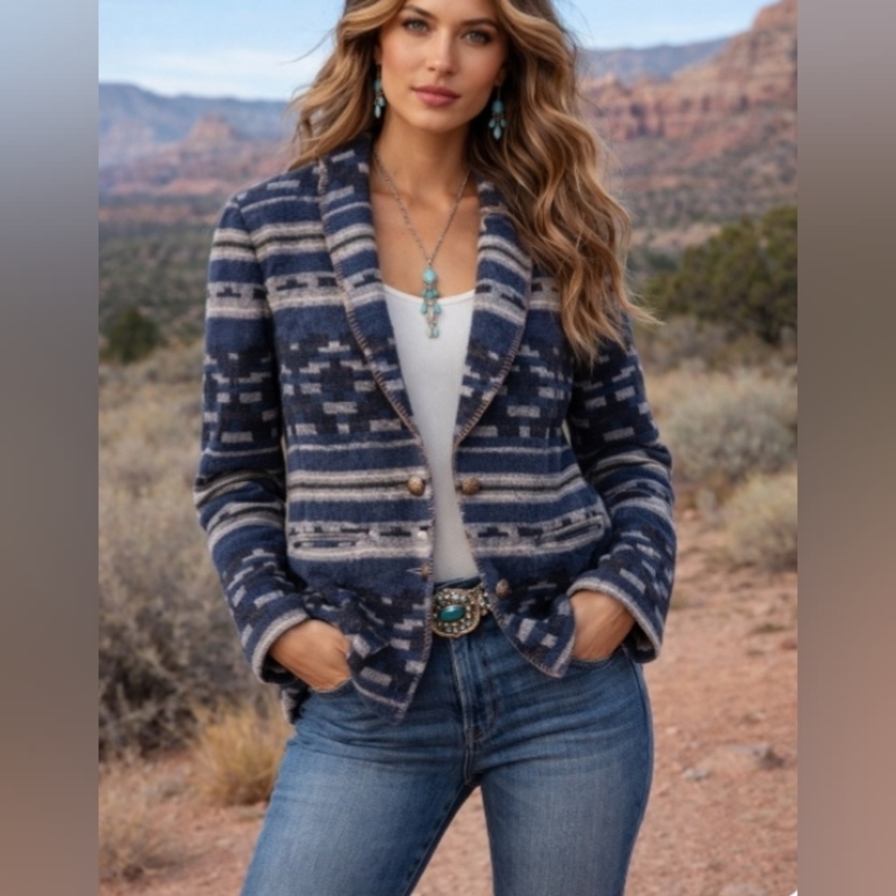 Casual Corner Vintage Blue Aztec Southwestern Western Blazer Jacket Size 12